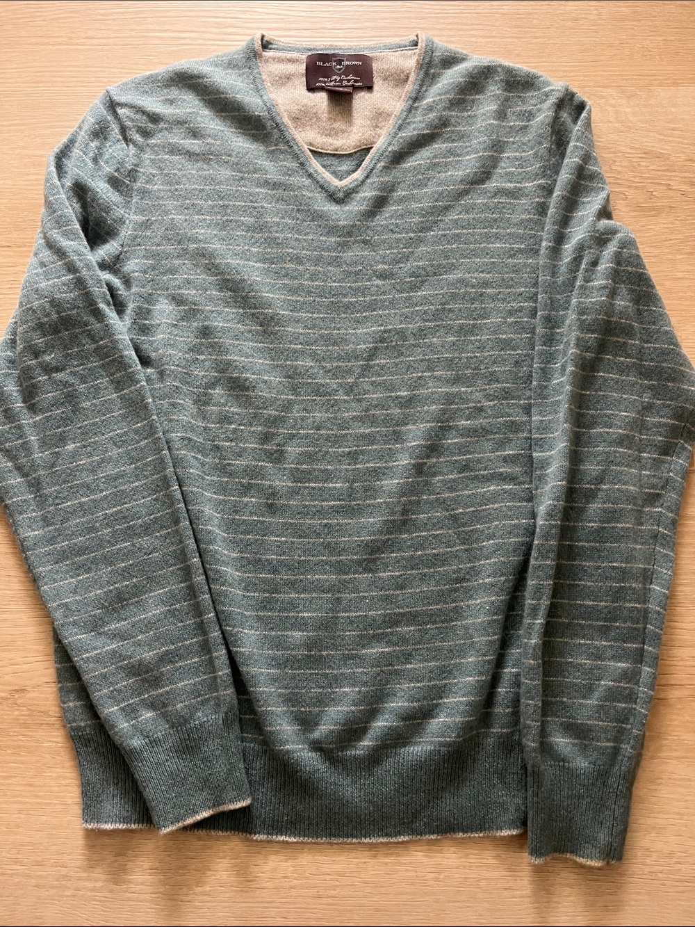 Black Brown 1826 Men's pale Green and grey Striped V-Neck Sweater.